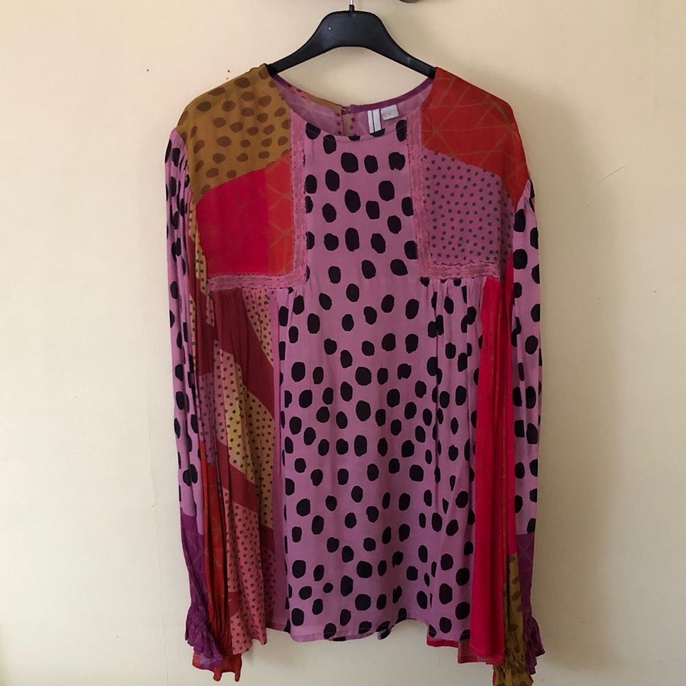 Patchwork Pink Polka Dot Long-Sleeve Blouse from Anthropologie